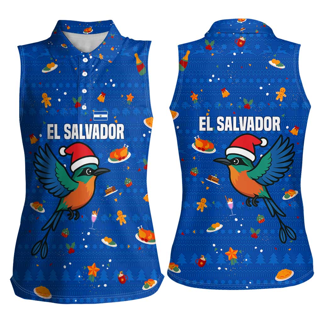 El Salvador Christmas Women Sleeveless Polo Shirt with Santa Hat Motmot Bird Traditional Foods and Blue Festive Pattern Design - Wonder Print Shop