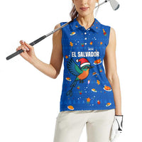 El Salvador Christmas Women Sleeveless Polo Shirt with Santa Hat Motmot Bird Traditional Foods and Blue Festive Pattern Design - Wonder Print Shop