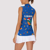 El Salvador Christmas Women Sleeveless Polo Shirt with Santa Hat Motmot Bird Traditional Foods and Blue Festive Pattern Design - Wonder Print Shop