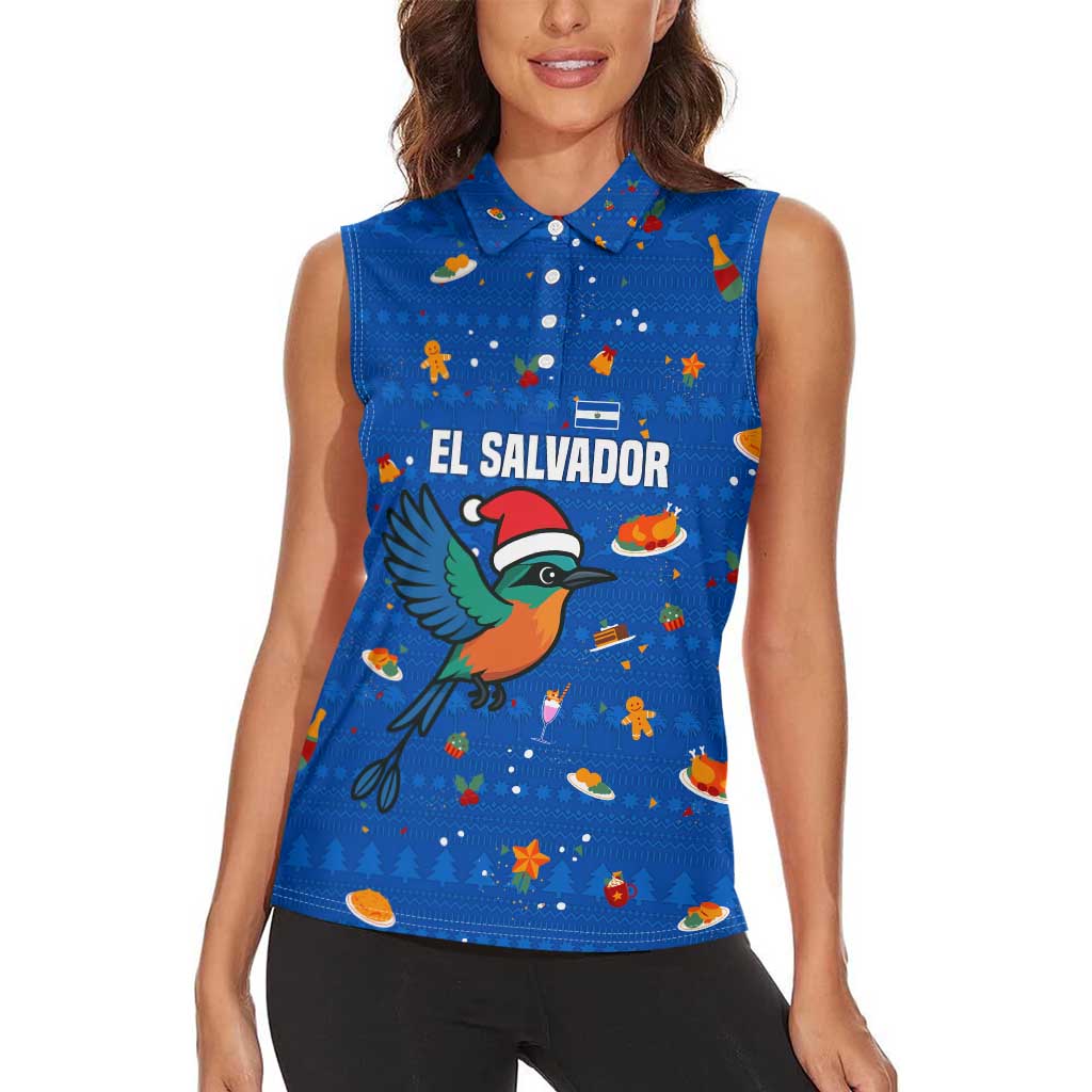 El Salvador Christmas Women Sleeveless Polo Shirt with Santa Hat Motmot Bird Traditional Foods and Blue Festive Pattern Design - Wonder Print Shop