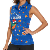 El Salvador Christmas Women Sleeveless Polo Shirt with Santa Hat Motmot Bird Traditional Foods and Blue Festive Pattern Design - Wonder Print Shop