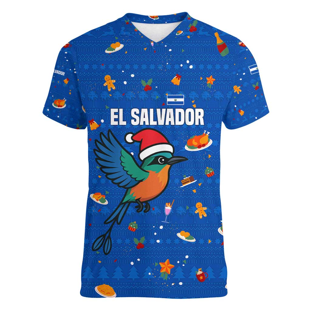 El Salvador Christmas Women V-Neck T-Shirt with Santa Hat Motmot Bird Traditional Foods and Blue Festive Pattern Design - Wonder Print Shop