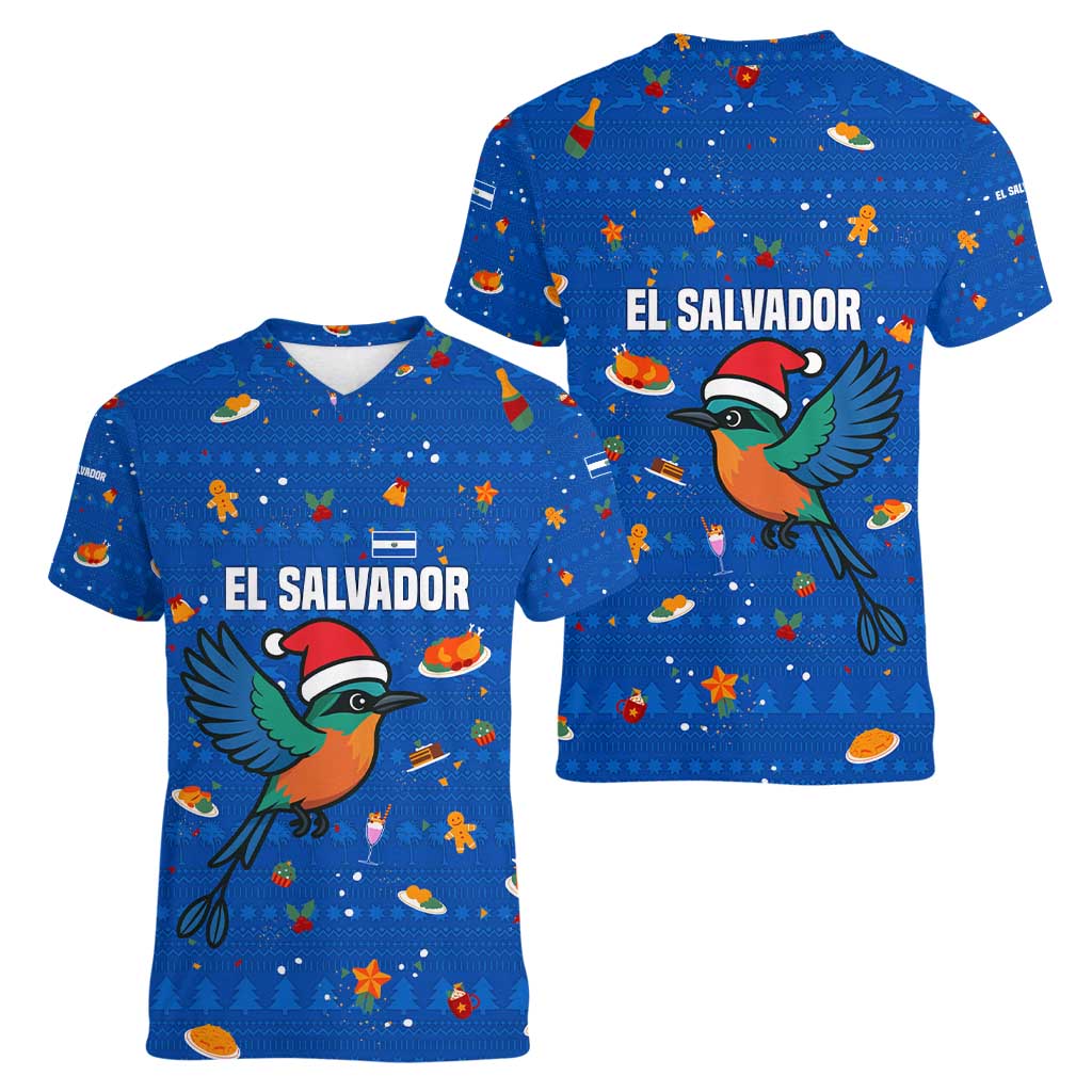 El Salvador Christmas Women V-Neck T-Shirt with Santa Hat Motmot Bird Traditional Foods and Blue Festive Pattern Design - Wonder Print Shop
