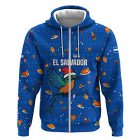 El Salvador Christmas Zip Hoodie with Santa Hat Motmot Bird Traditional Foods and Blue Festive Pattern Design - Wonder Print Shop