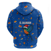 El Salvador Christmas Zip Hoodie with Santa Hat Motmot Bird Traditional Foods and Blue Festive Pattern Design - Wonder Print Shop