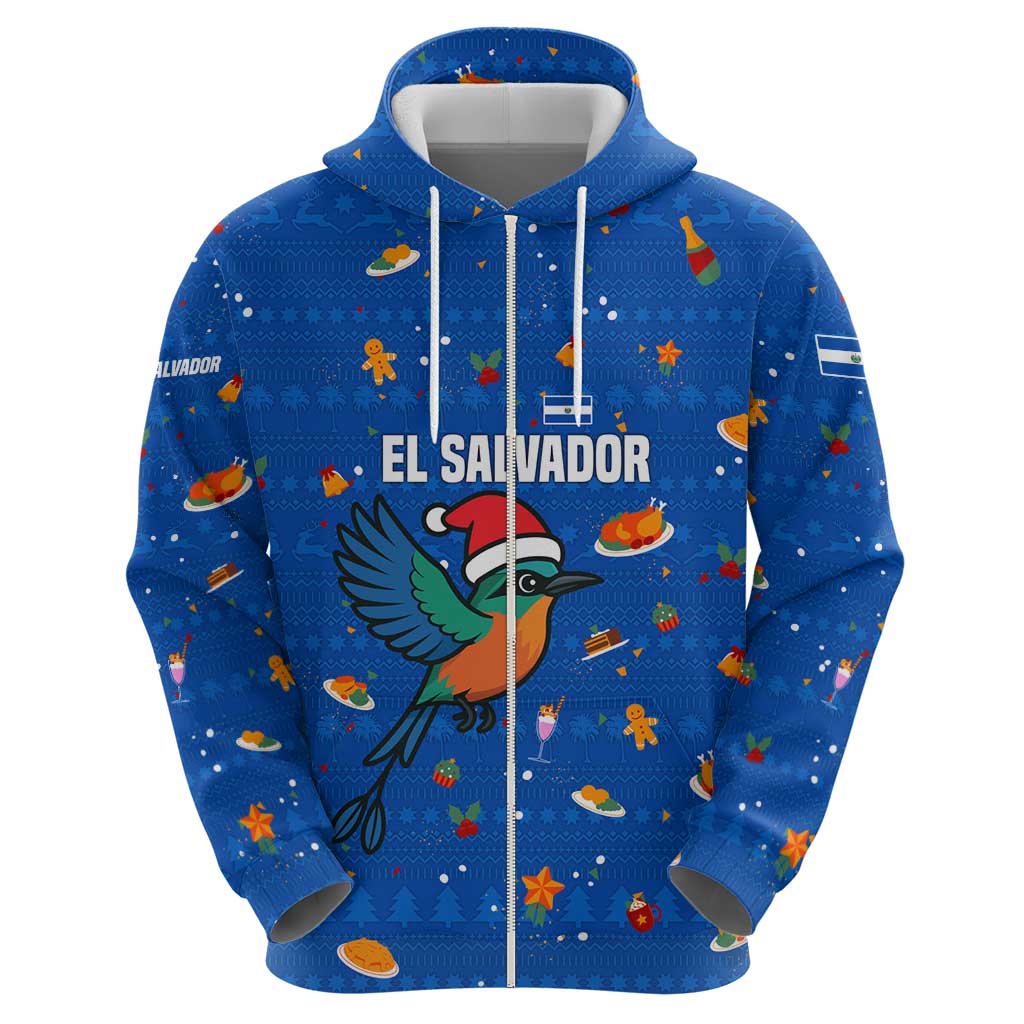 El Salvador Christmas Zip Hoodie with Santa Hat Motmot Bird Traditional Foods and Blue Festive Pattern Design - Wonder Print Shop