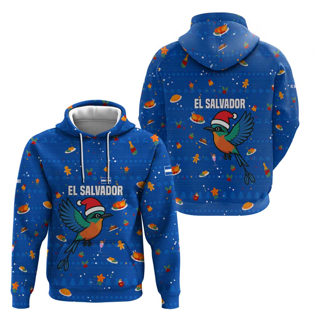 El Salvador Christmas Zip Hoodie with Santa Hat Motmot Bird Traditional Foods and Blue Festive Pattern Design - Wonder Print Shop