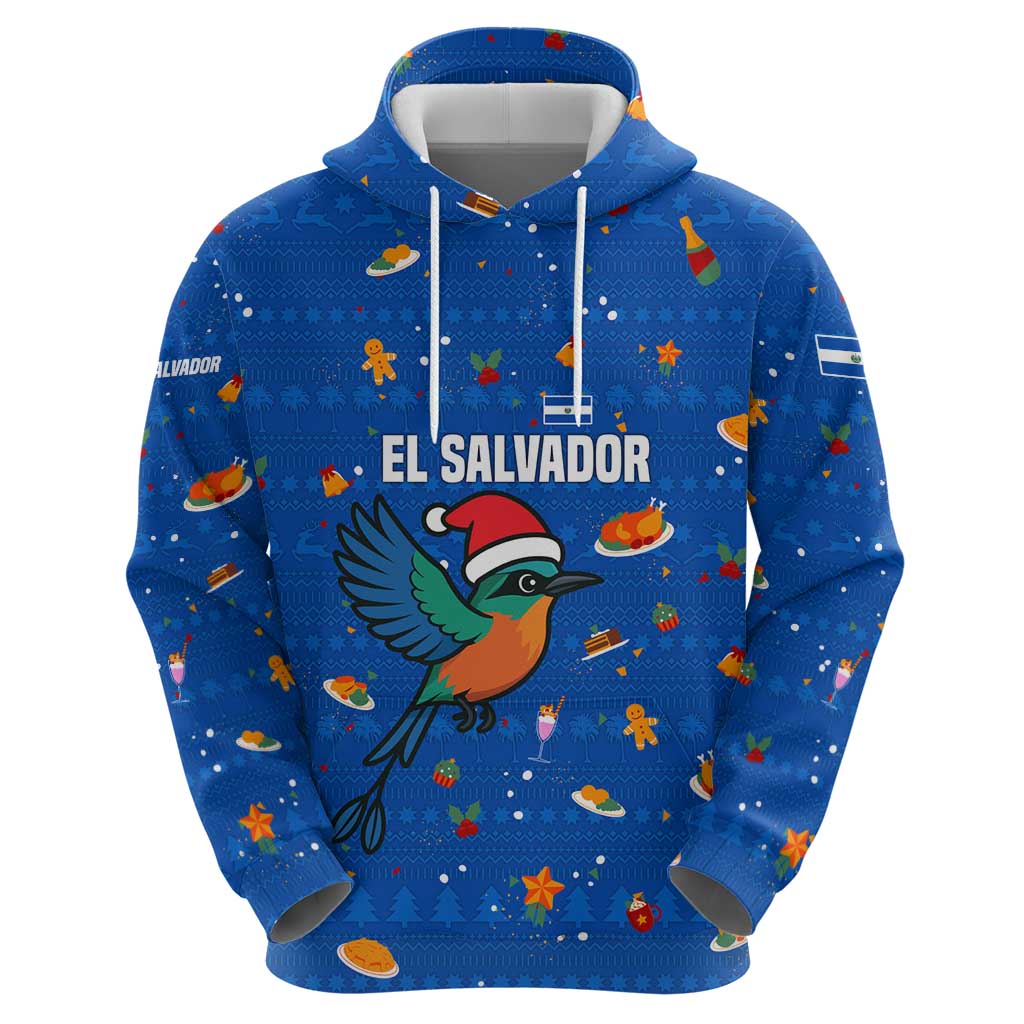 El Salvador Christmas Zip Hoodie with Santa Hat Motmot Bird Traditional Foods and Blue Festive Pattern Design - Wonder Print Shop