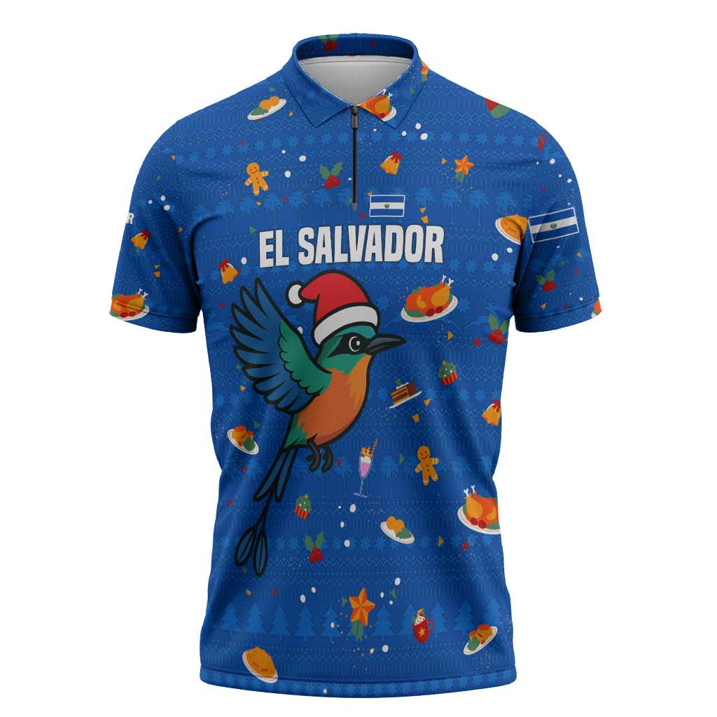El Salvador Christmas Zipper Polo Shirt with Santa Hat Motmot Bird Traditional Foods and Blue Festive Pattern Design - Wonder Print Shop