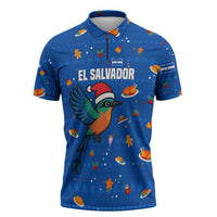 El Salvador Christmas Zipper Polo Shirt with Santa Hat Motmot Bird Traditional Foods and Blue Festive Pattern Design - Wonder Print Shop