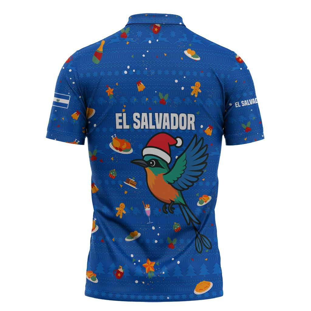 El Salvador Christmas Zipper Polo Shirt with Santa Hat Motmot Bird Traditional Foods and Blue Festive Pattern Design - Wonder Print Shop