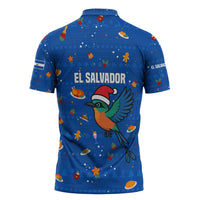 El Salvador Christmas Zipper Polo Shirt with Santa Hat Motmot Bird Traditional Foods and Blue Festive Pattern Design - Wonder Print Shop