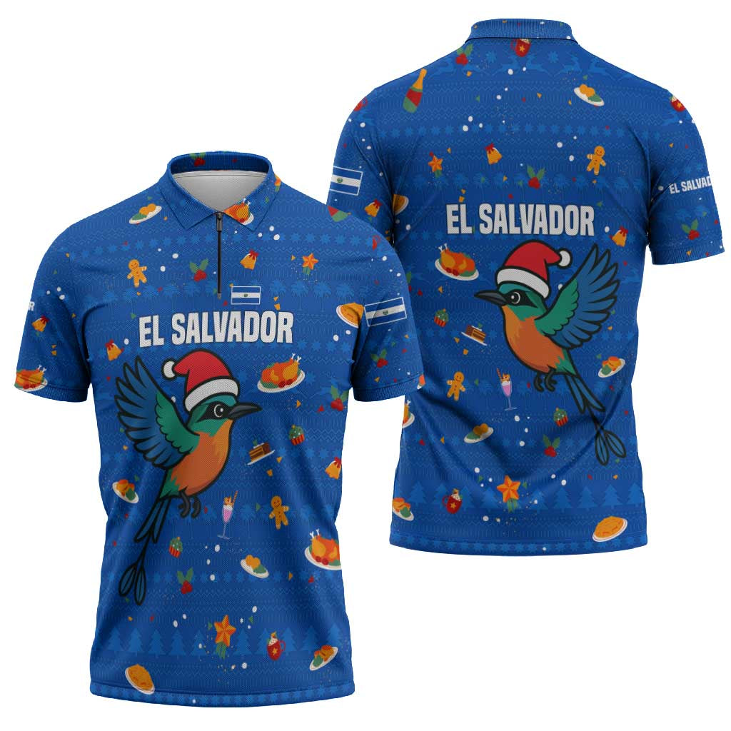 El Salvador Christmas Zipper Polo Shirt with Santa Hat Motmot Bird Traditional Foods and Blue Festive Pattern Design - Wonder Print Shop