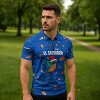 El Salvador Christmas Zipper Polo Shirt with Santa Hat Motmot Bird Traditional Foods and Blue Festive Pattern Design - Wonder Print Shop