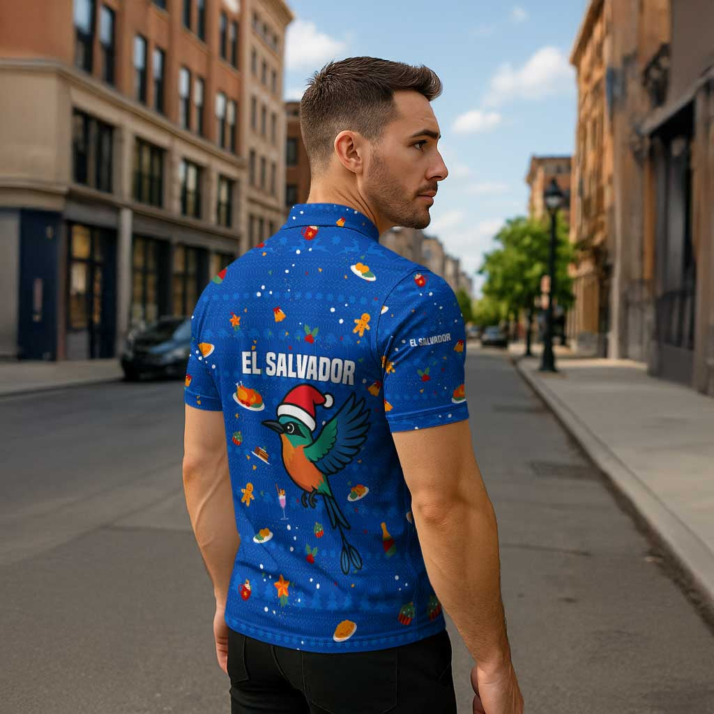 El Salvador Christmas Zipper Polo Shirt with Santa Hat Motmot Bird Traditional Foods and Blue Festive Pattern Design - Wonder Print Shop