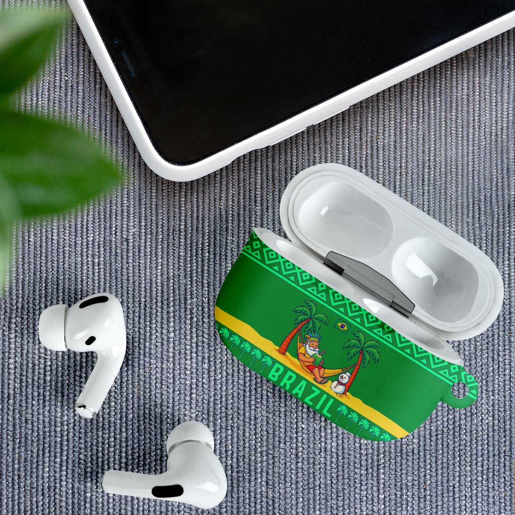 Brazil Christmas AirPods Case with Santa Relaxing in Hammock Palm Trees Snowman and Tribal Pattern Design - Wonder Print Shop