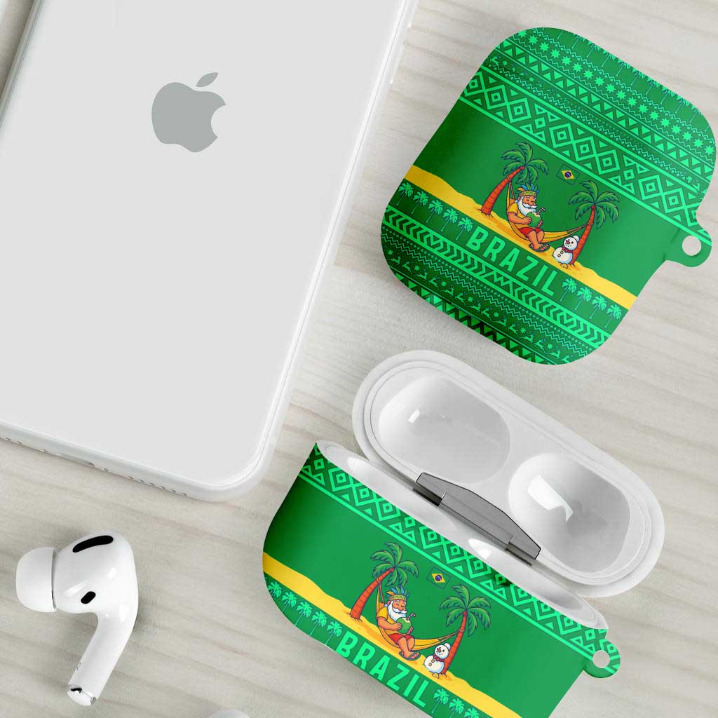 Brazil Christmas AirPods Case with Santa Relaxing in Hammock Palm Trees Snowman and Tribal Pattern Design - Wonder Print Shop