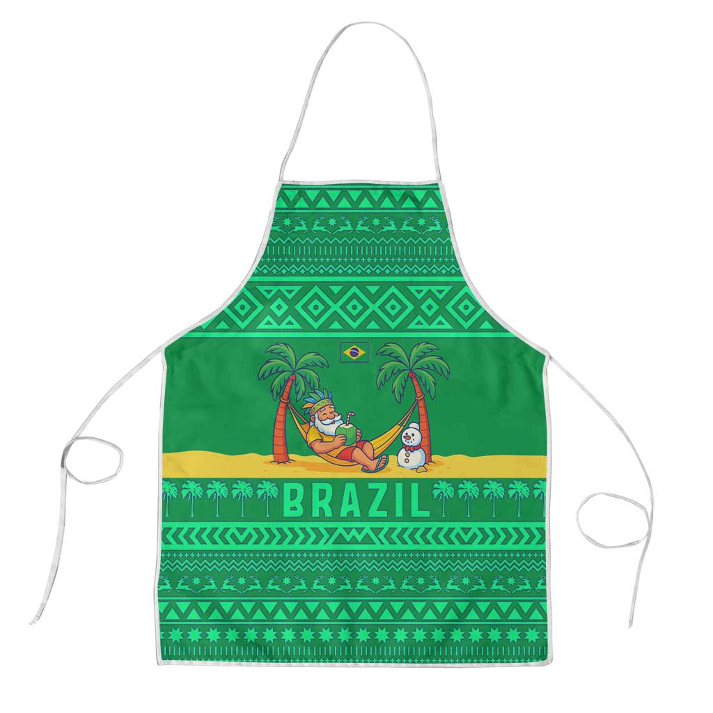 Brazil Christmas Apron with Santa Relaxing in Hammock Palm Trees Snowman and Tribal Pattern Design - Wonder Print Shop