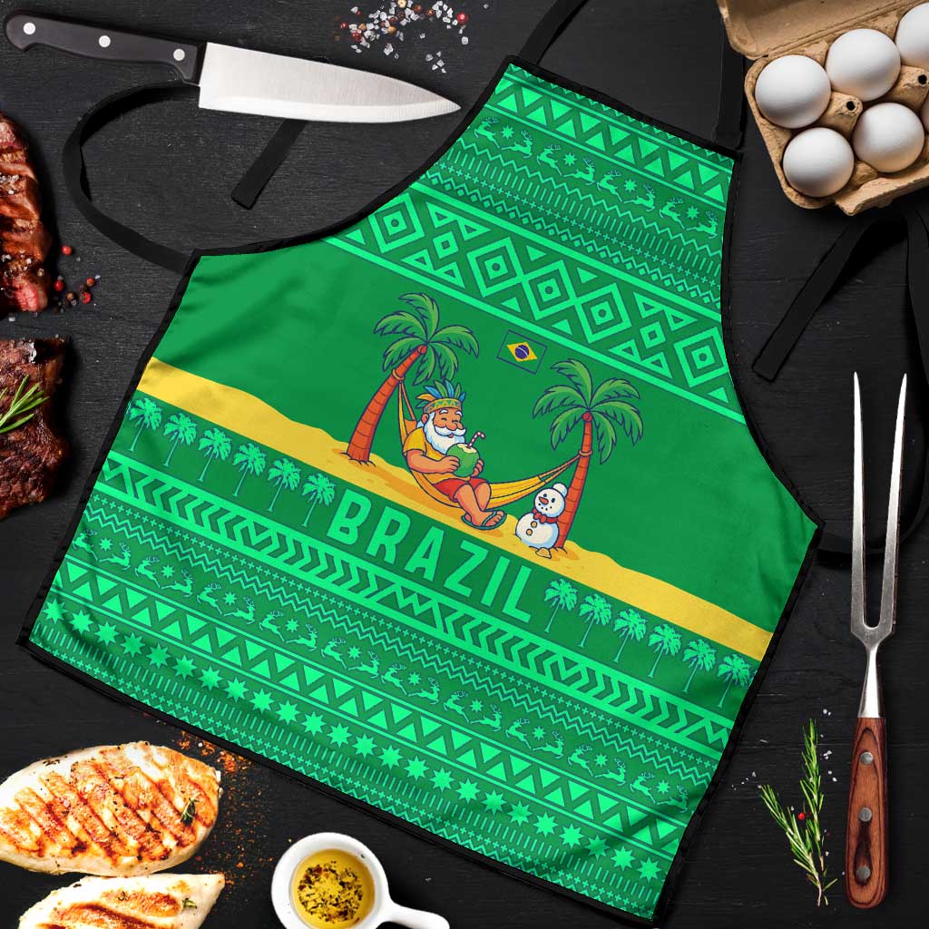 Brazil Christmas Apron with Santa Relaxing in Hammock Palm Trees Snowman and Tribal Pattern Design - Wonder Print Shop