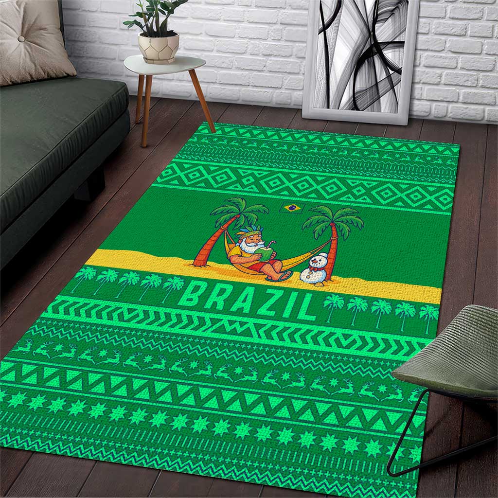 Brazil Christmas Area Rug with Santa Relaxing in Hammock Palm Trees Snowman and Tribal Pattern Design - Wonder Print Shop