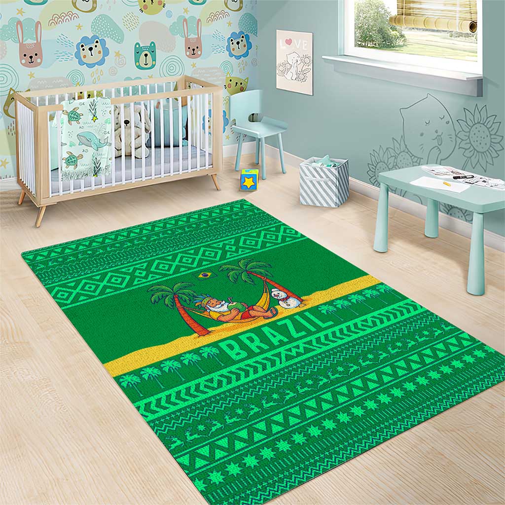 Brazil Christmas Area Rug with Santa Relaxing in Hammock Palm Trees Snowman and Tribal Pattern Design - Wonder Print Shop