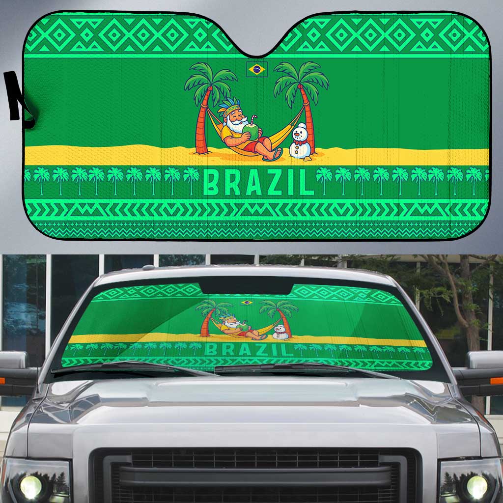 Brazil Christmas Auto Sun Shade with Santa Relaxing in Hammock Palm Trees Snowman and Tribal Pattern Design - Wonder Print Shop