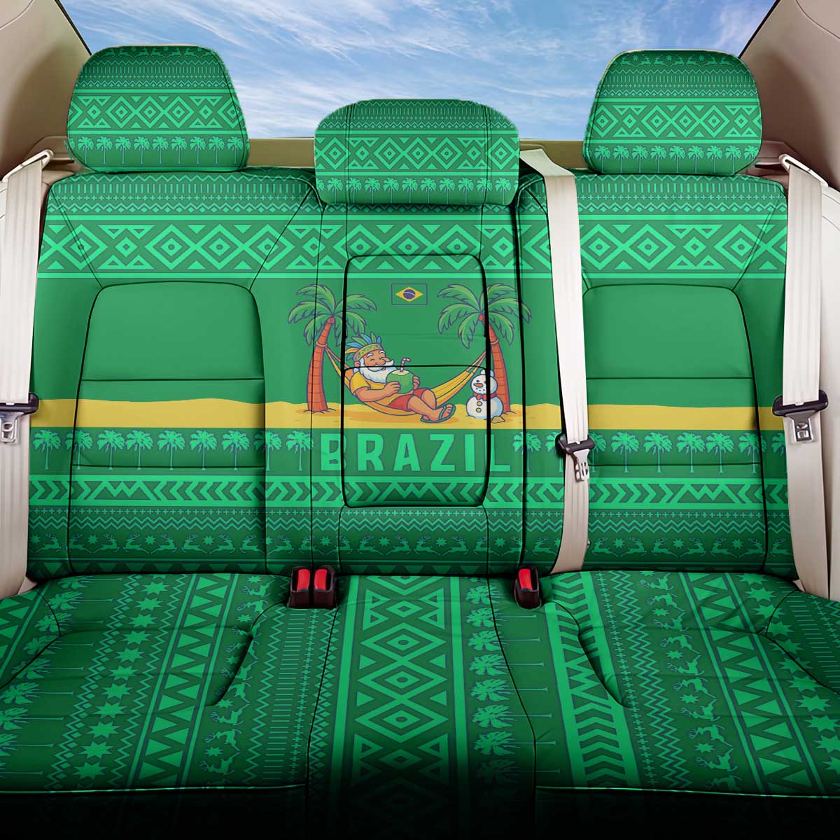 Brazil Christmas Back Car Seat Cover with Santa Relaxing in Hammock Palm Trees Snowman and Tribal Pattern Design - Wonder Print Shop