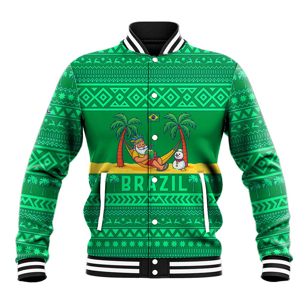 Brazil Christmas Baseball Jacket with Santa Relaxing in Hammock Palm Trees Snowman and Tribal Pattern Design - Wonder Print Shop