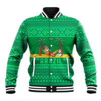 Brazil Christmas Baseball Jacket with Santa Relaxing in Hammock Palm Trees Snowman and Tribal Pattern Design - Wonder Print Shop