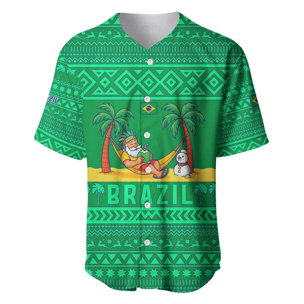 Brazil Christmas Baseball Jersey with Santa Relaxing in Hammock Palm Trees Snowman and Tribal Pattern Design - Wonder Print Shop
