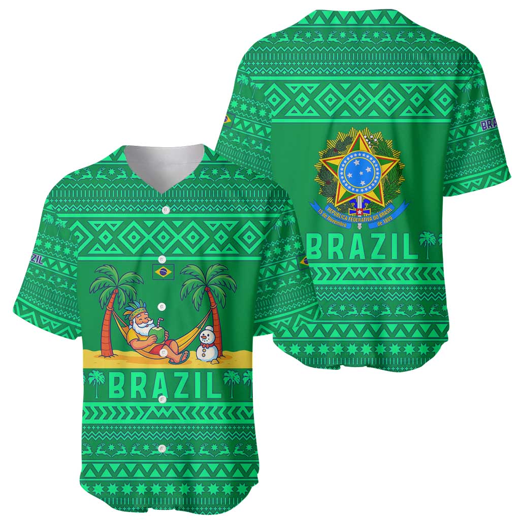Brazil Christmas Baseball Jersey with Santa Relaxing in Hammock Palm Trees Snowman and Tribal Pattern Design - Wonder Print Shop