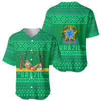 Brazil Christmas Baseball Jersey with Santa Relaxing in Hammock Palm Trees Snowman and Tribal Pattern Design - Wonder Print Shop