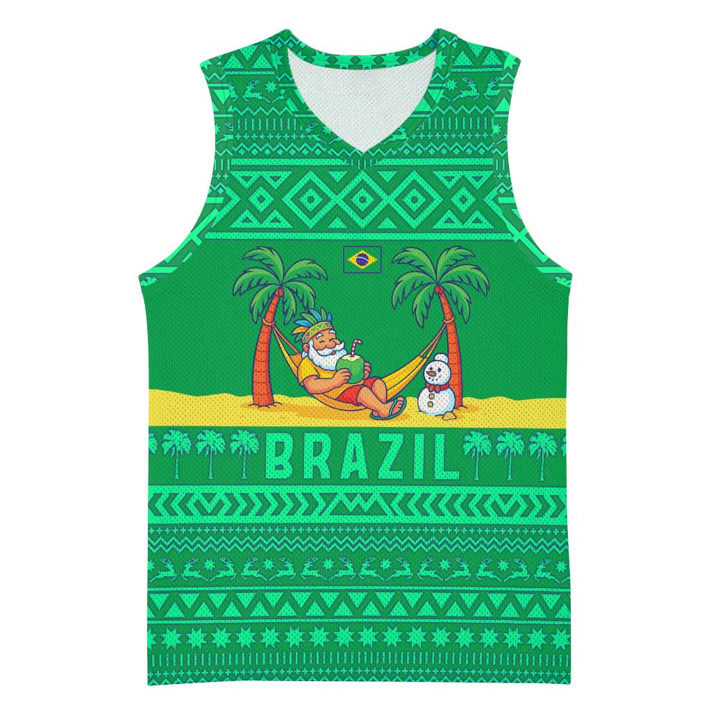 Brazil Christmas Basketball Jersey with Santa Relaxing in Hammock Palm Trees Snowman and Tribal Pattern Design - Wonder Print Shop