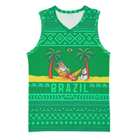 Brazil Christmas Basketball Jersey with Santa Relaxing in Hammock Palm Trees Snowman and Tribal Pattern Design - Wonder Print Shop