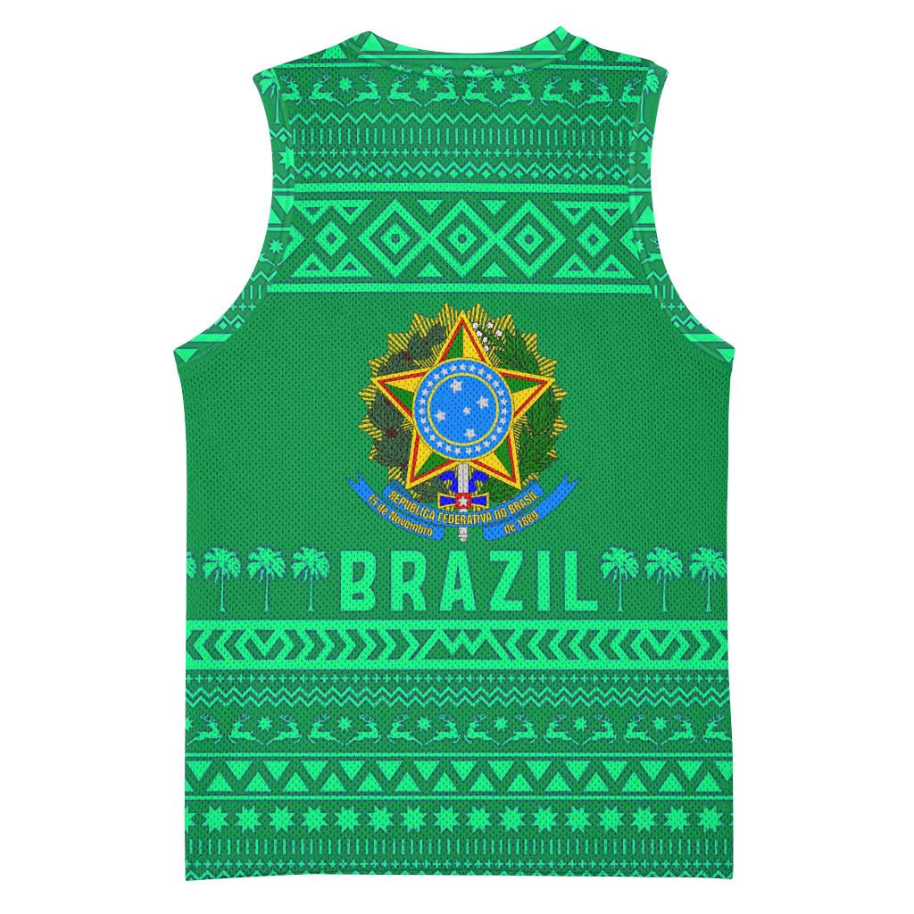 Brazil Christmas Basketball Jersey with Santa Relaxing in Hammock Palm Trees Snowman and Tribal Pattern Design - Wonder Print Shop