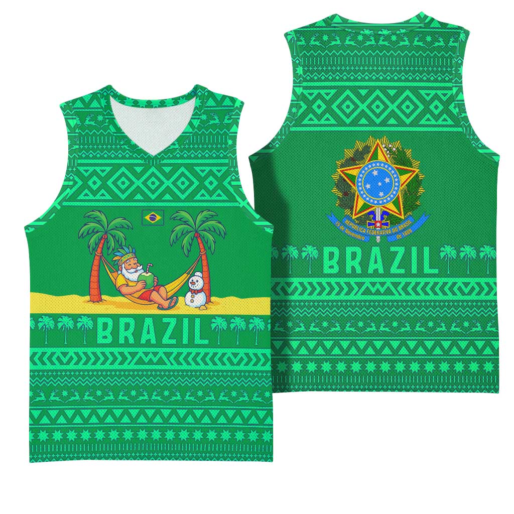 Brazil Christmas Basketball Jersey with Santa Relaxing in Hammock Palm Trees Snowman and Tribal Pattern Design - Wonder Print Shop