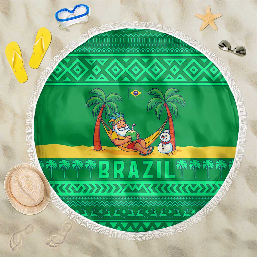 Brazil Christmas Beach Blanket with Santa Relaxing in Hammock Palm Trees Snowman and Tribal Pattern Design - Wonder Print Shop