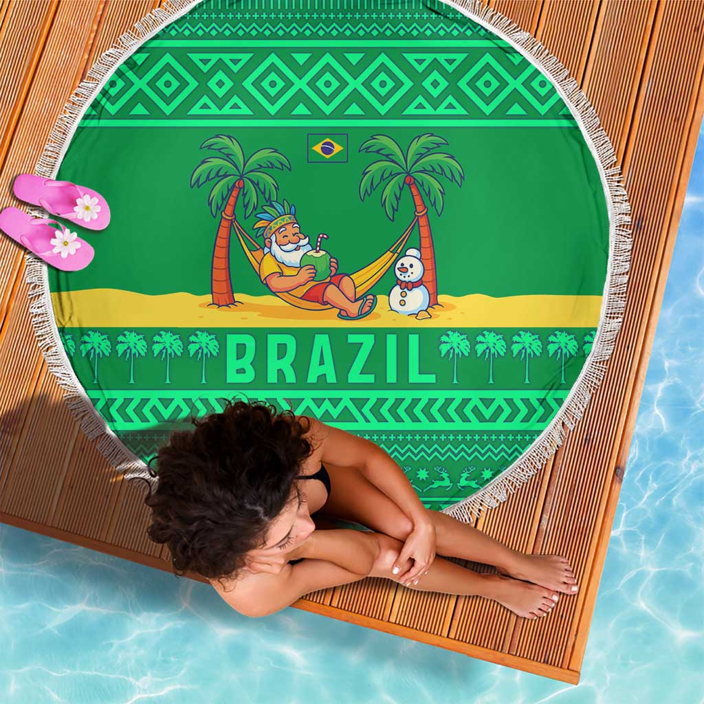 Brazil Christmas Beach Blanket with Santa Relaxing in Hammock Palm Trees Snowman and Tribal Pattern Design - Wonder Print Shop