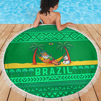 Brazil Christmas Beach Blanket with Santa Relaxing in Hammock Palm Trees Snowman and Tribal Pattern Design - Wonder Print Shop