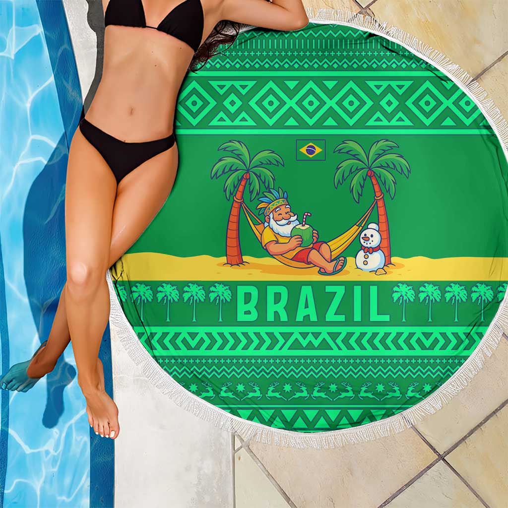 Brazil Christmas Beach Blanket with Santa Relaxing in Hammock Palm Trees Snowman and Tribal Pattern Design - Wonder Print Shop