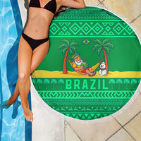Brazil Christmas Beach Blanket with Santa Relaxing in Hammock Palm Trees Snowman and Tribal Pattern Design - Wonder Print Shop