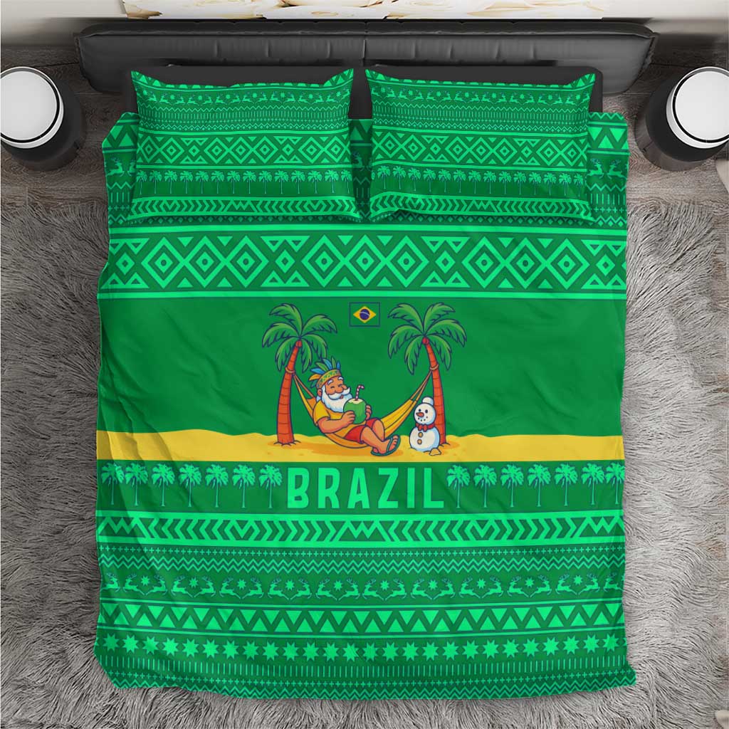 Brazil Christmas Bedding Set with Santa Relaxing in Hammock Palm Trees Snowman and Tribal Pattern Design - Wonder Print Shop