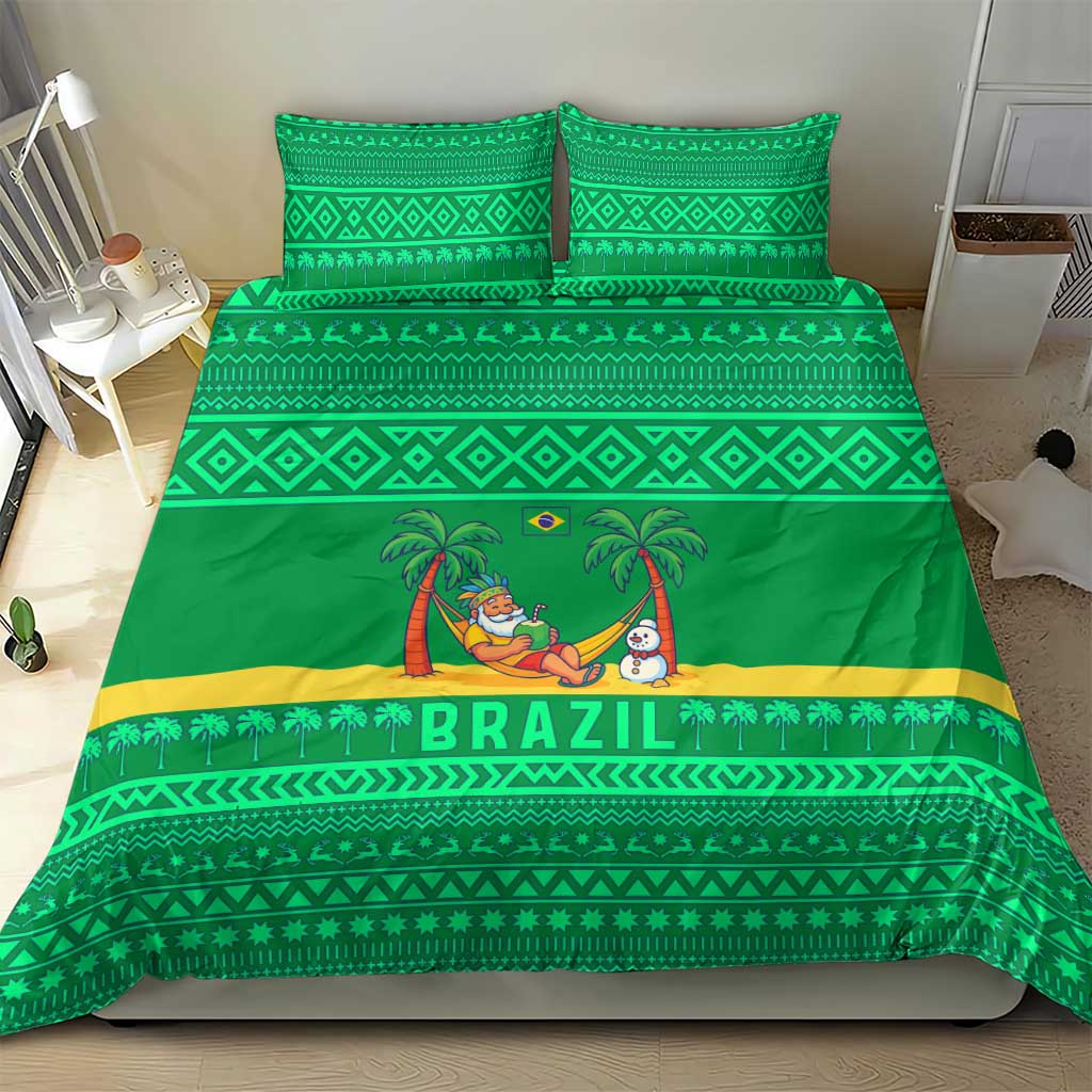 Brazil Christmas Bedding Set with Santa Relaxing in Hammock Palm Trees Snowman and Tribal Pattern Design - Wonder Print Shop
