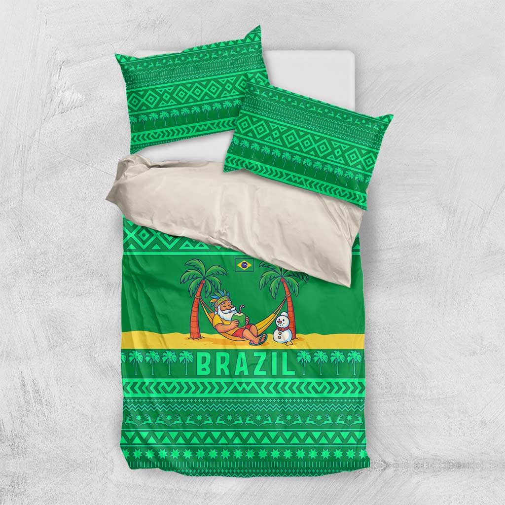 Brazil Christmas Bedding Set with Santa Relaxing in Hammock Palm Trees Snowman and Tribal Pattern Design - Wonder Print Shop