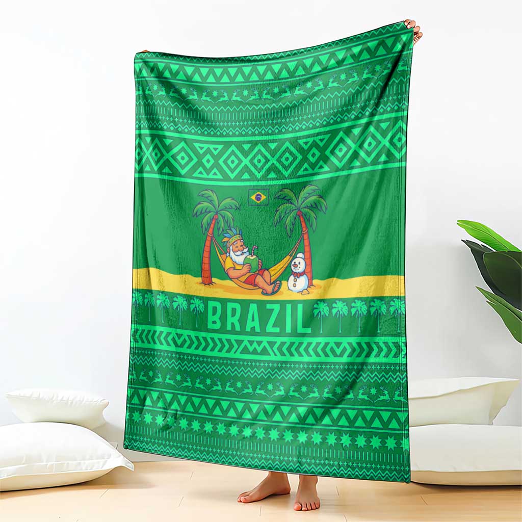 Brazil Christmas Blanket with Santa Relaxing in Hammock Palm Trees Snowman and Tribal Pattern Design - Wonder Print Shop