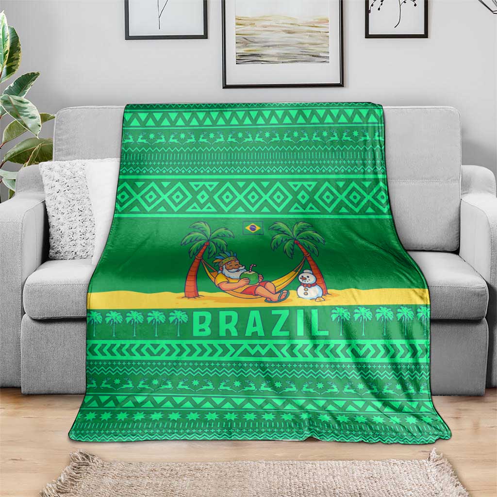 Brazil Christmas Blanket with Santa Relaxing in Hammock Palm Trees Snowman and Tribal Pattern Design - Wonder Print Shop