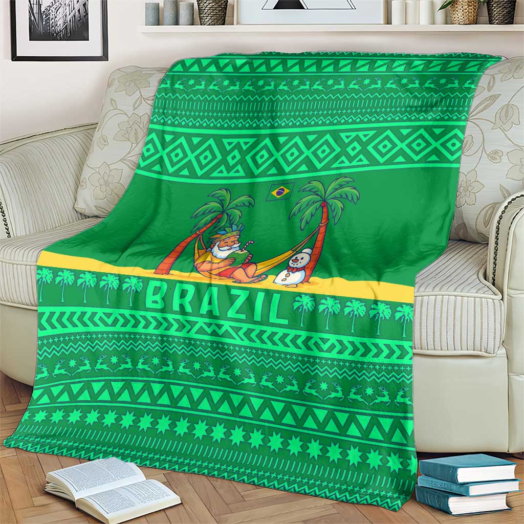 Brazil Christmas Blanket with Santa Relaxing in Hammock Palm Trees Snowman and Tribal Pattern Design - Wonder Print Shop