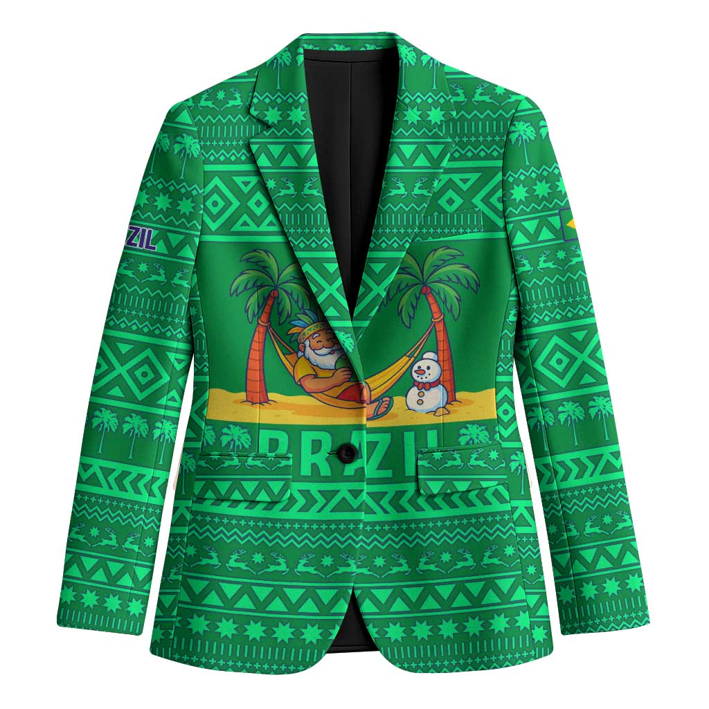 Brazil Christmas Blazer with Santa Relaxing in Hammock Palm Trees Snowman and Tribal Pattern Design - Wonder Print Shop