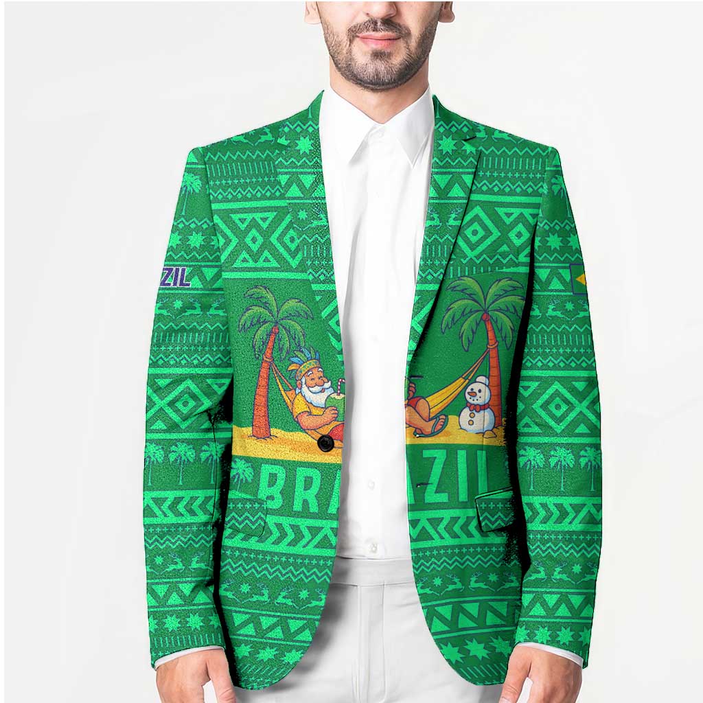 Brazil Christmas Blazer with Santa Relaxing in Hammock Palm Trees Snowman and Tribal Pattern Design - Wonder Print Shop