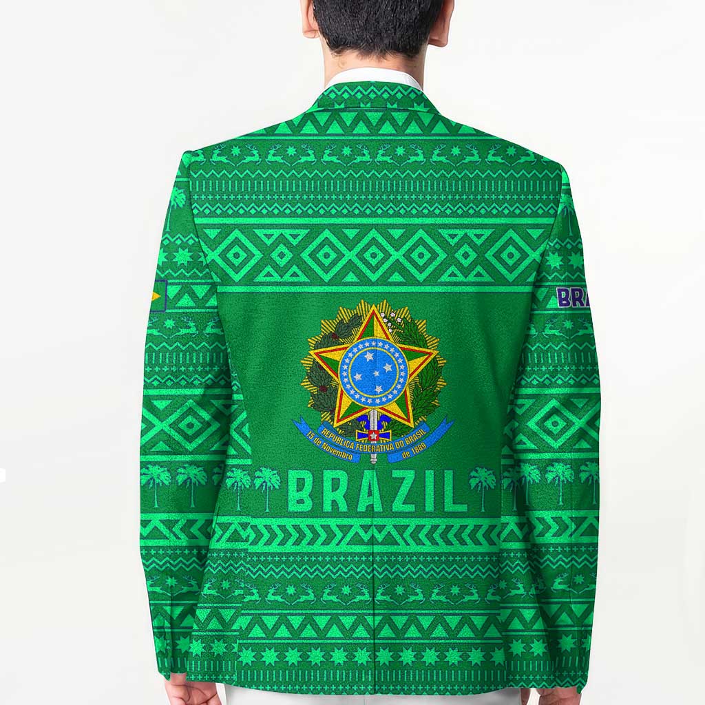 Brazil Christmas Blazer with Santa Relaxing in Hammock Palm Trees Snowman and Tribal Pattern Design - Wonder Print Shop
